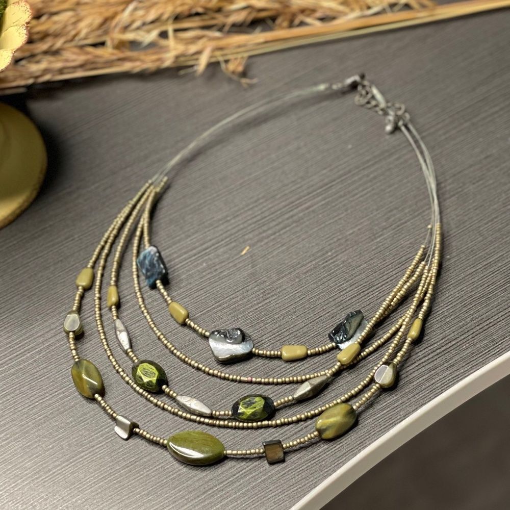 New York & Company Green Gold & Bronze Beaded Five Layer Necklace - OS
